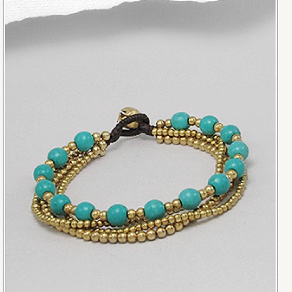 Brass‎ & Turquoise Beaded Boho Friendship Bracelet Gold Tone 6.25